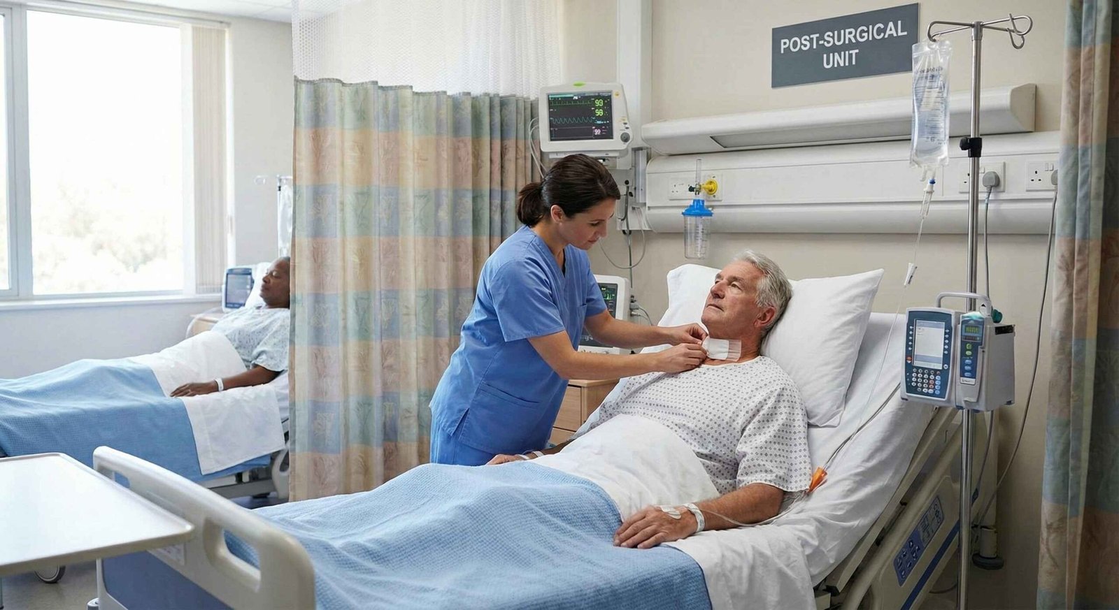 Cancer patient receiving post-surgical care in a recovery ward