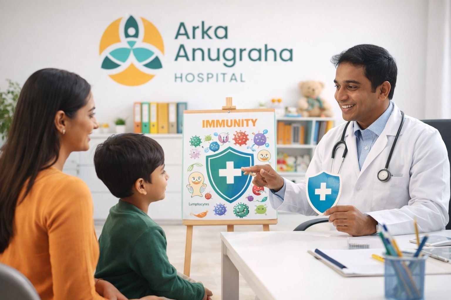 Child specialist doctor explaining immunity at the best pediatric hospital in Bangalore