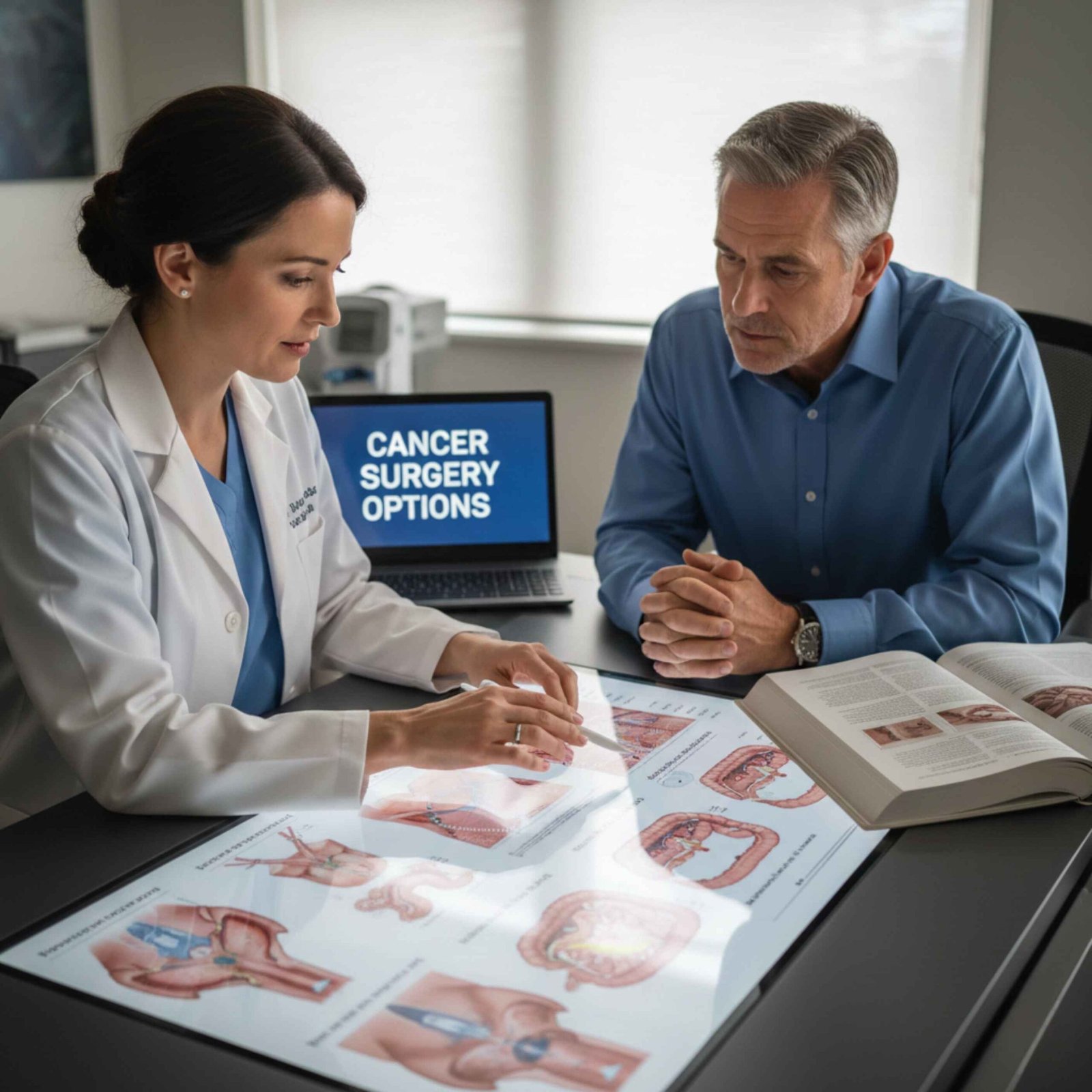 Doctor explaining cancer surgery options to patient using medical illustrations