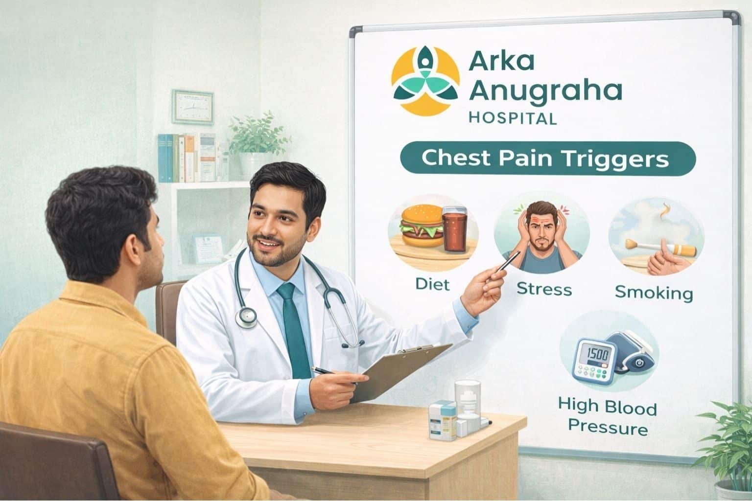 Doctor explaining chest pain triggers to a patient