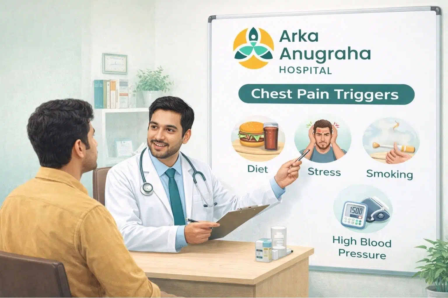Doctor explaining chest pain triggers to a patient