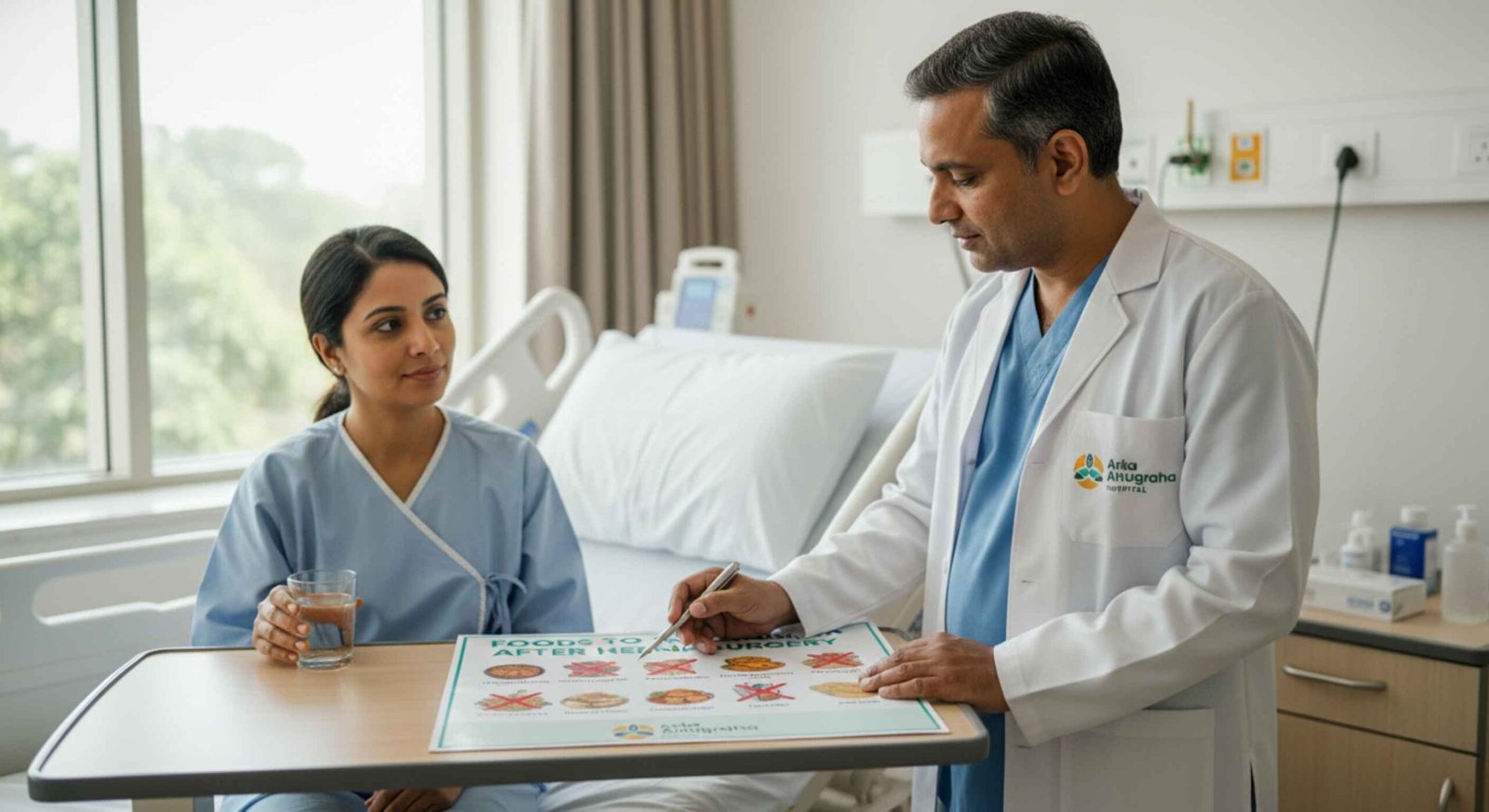 Doctor explaining foods to avoid after inguinal hernia surgery during recovery