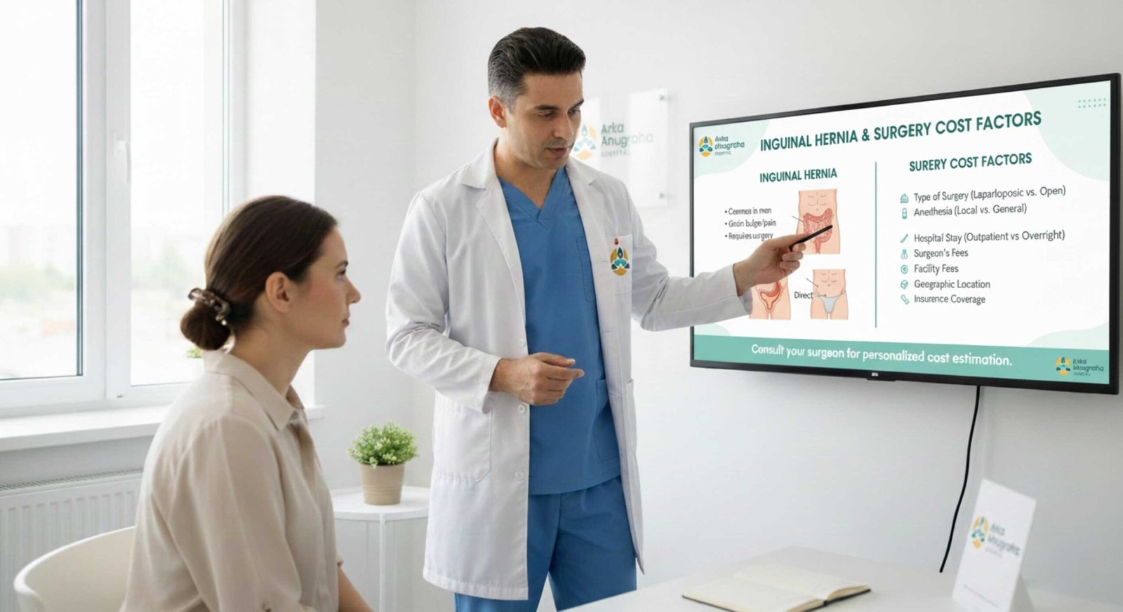 Doctor explaining inguinal hernia laparoscopic surgery cost to patient