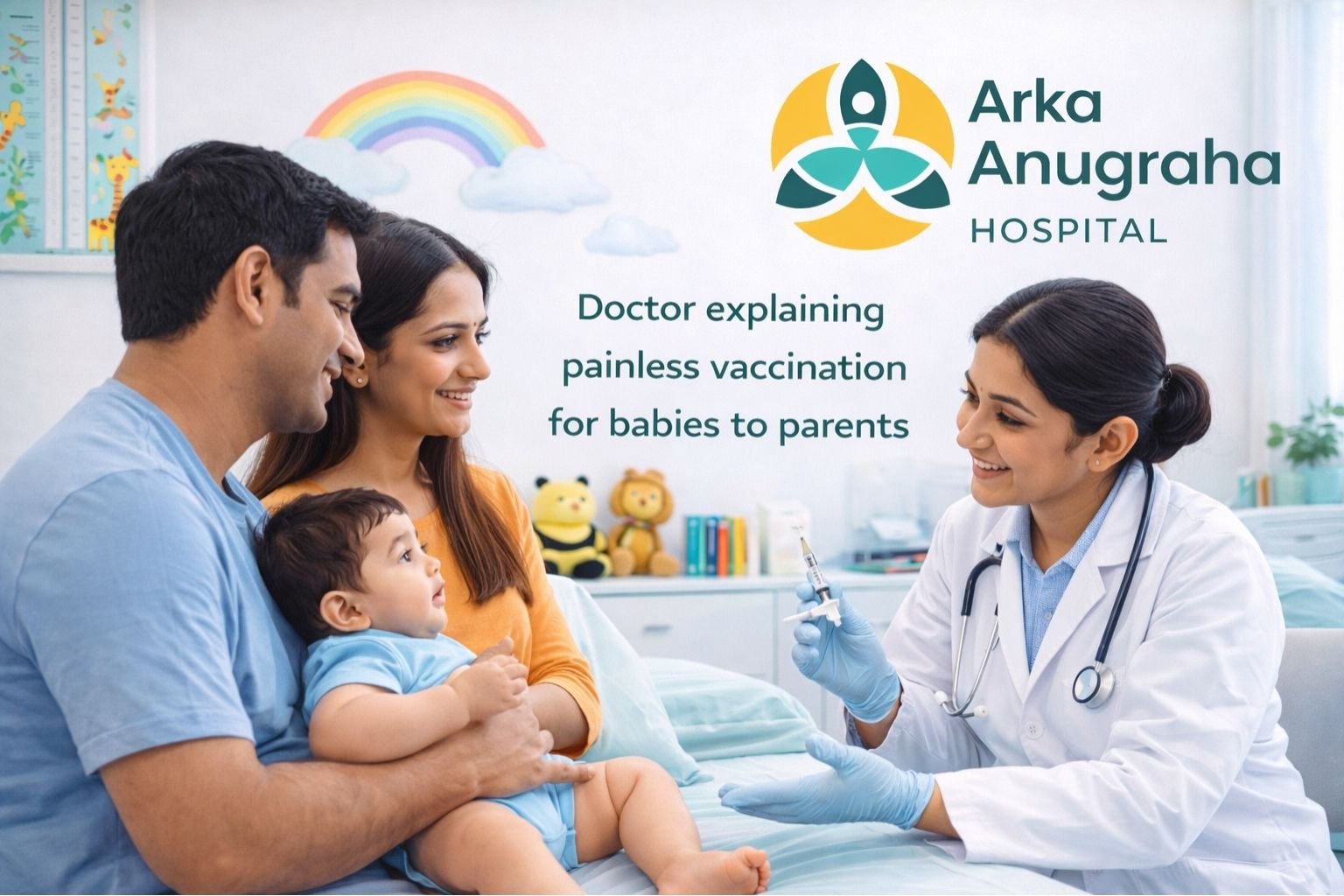 Doctor explaining painless vaccination for babies to parents