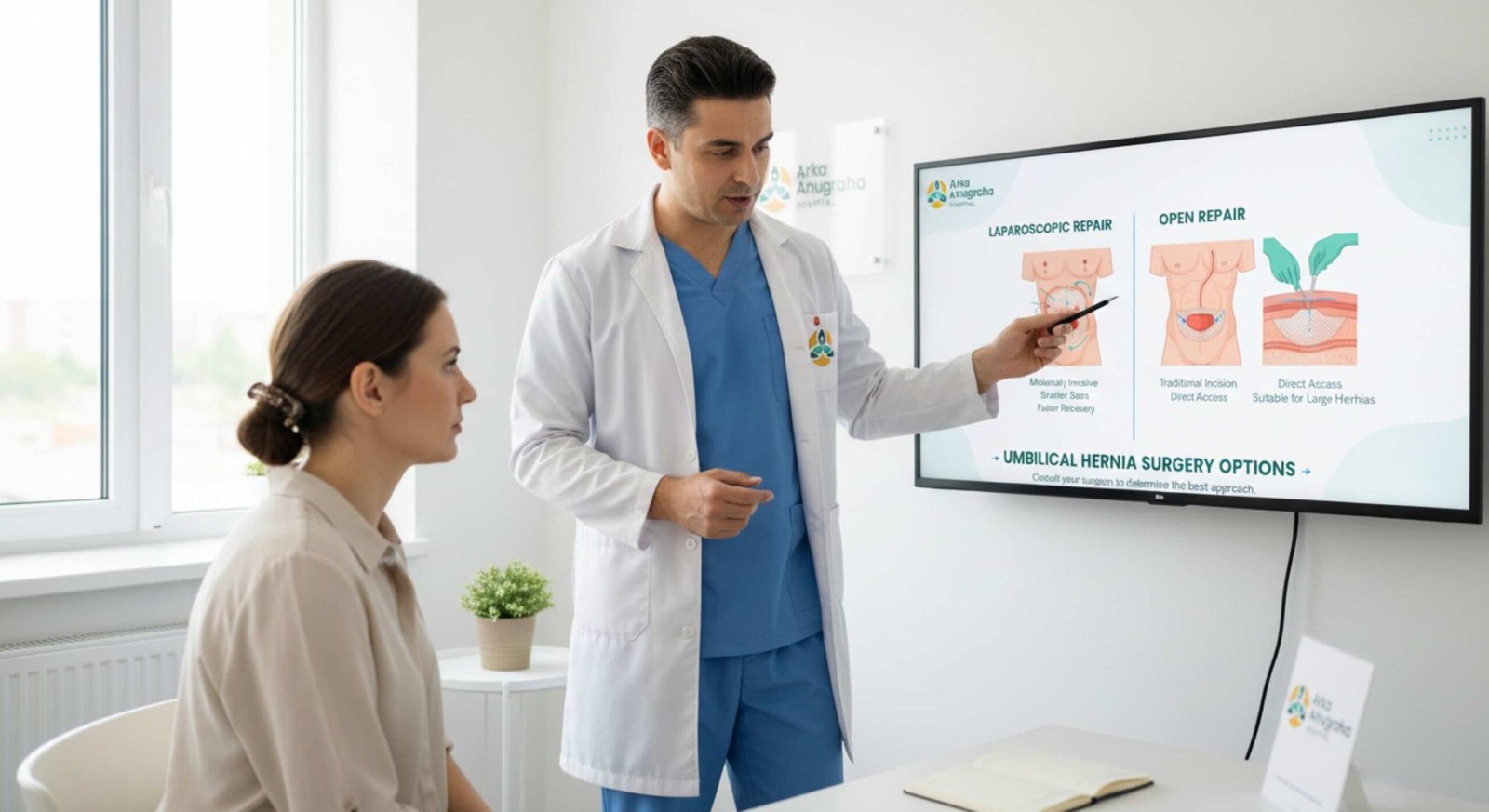 Doctor explaining which surgery is best for umbilical hernia