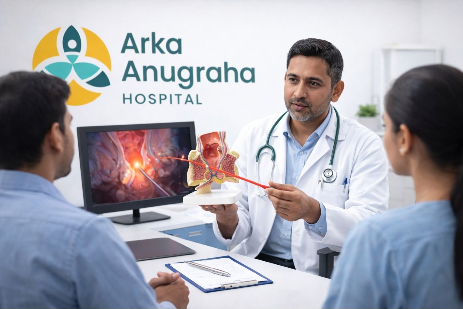 Doctor explaining what to expect during laser hemorrhoid surgery