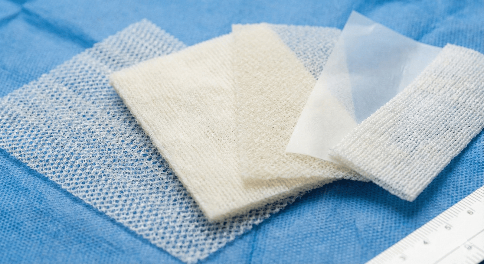Close-up of different types of hernia surgical mesh