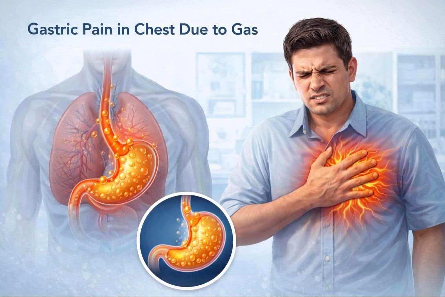 Illustration explaining gastric pain in chest due to gas