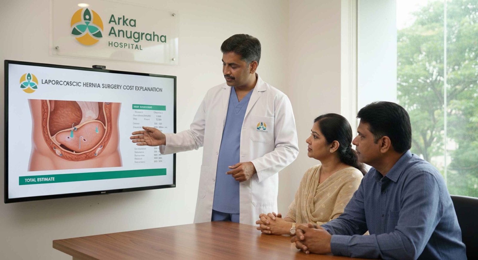 Doctor explaining laparoscopic hernia surgery cost during expert consultation