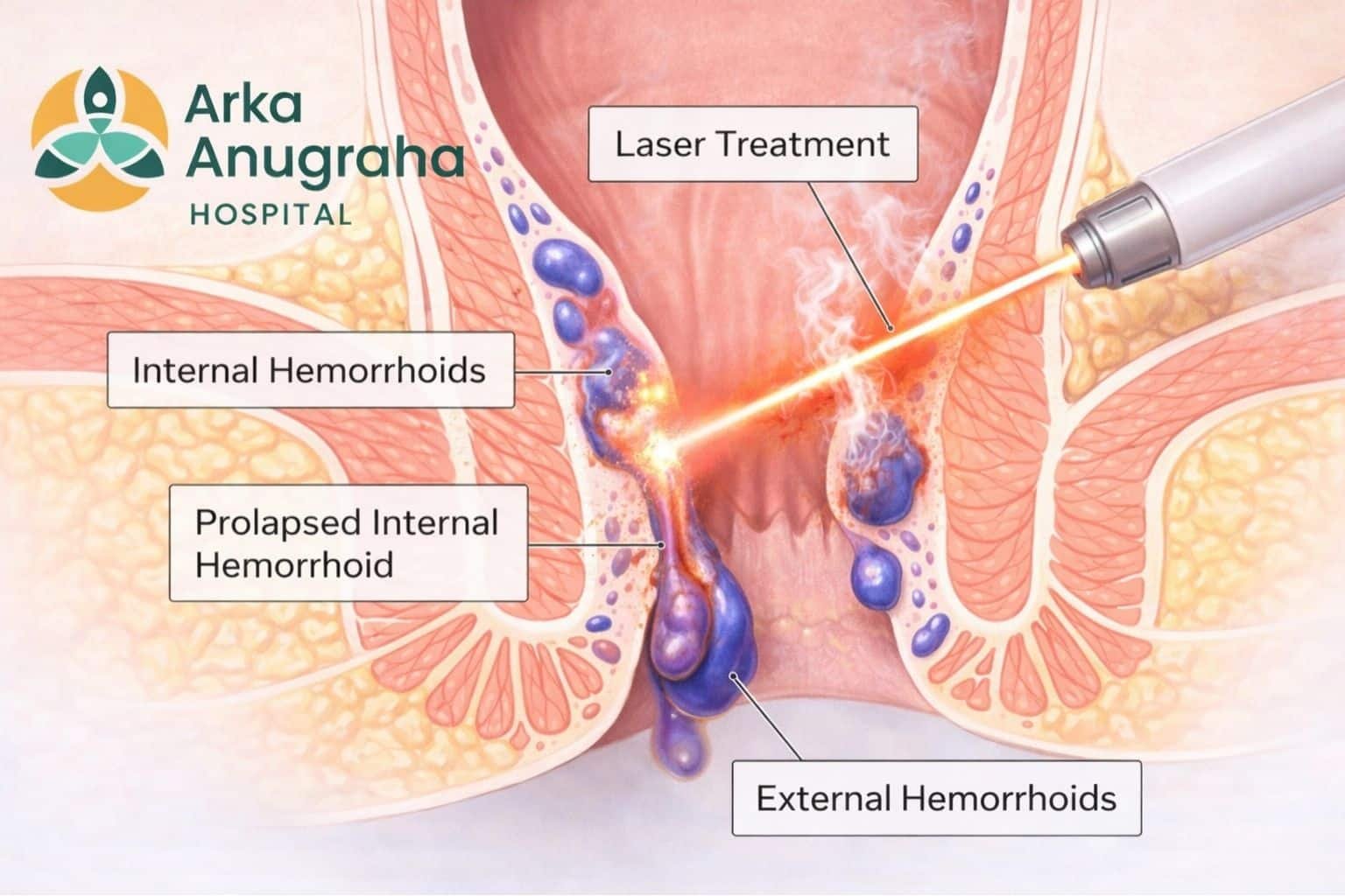 Medical illustration explaining laser hemorrhoid surgery