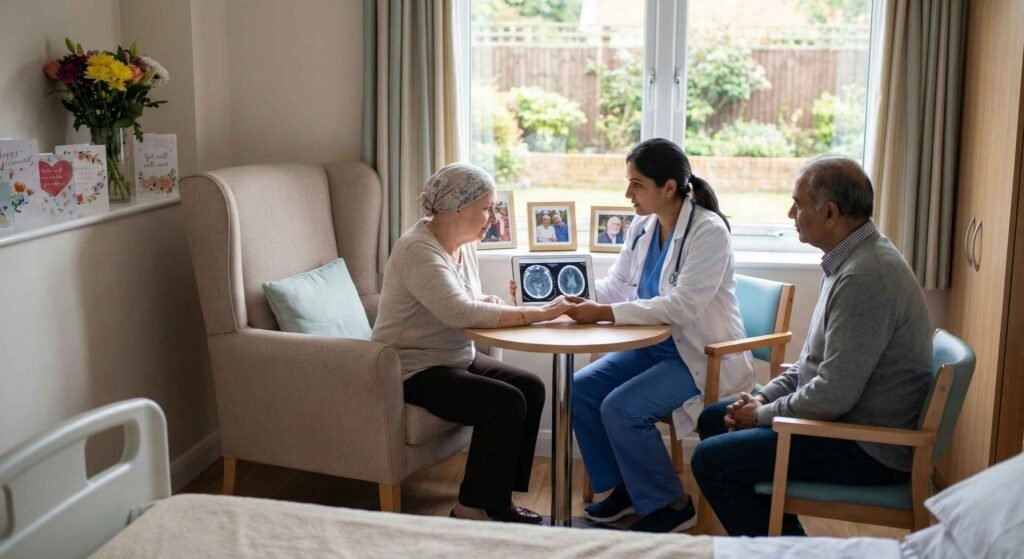 Onco surgeon consulting a patient in a private hospital room, compassionate cancer care setting