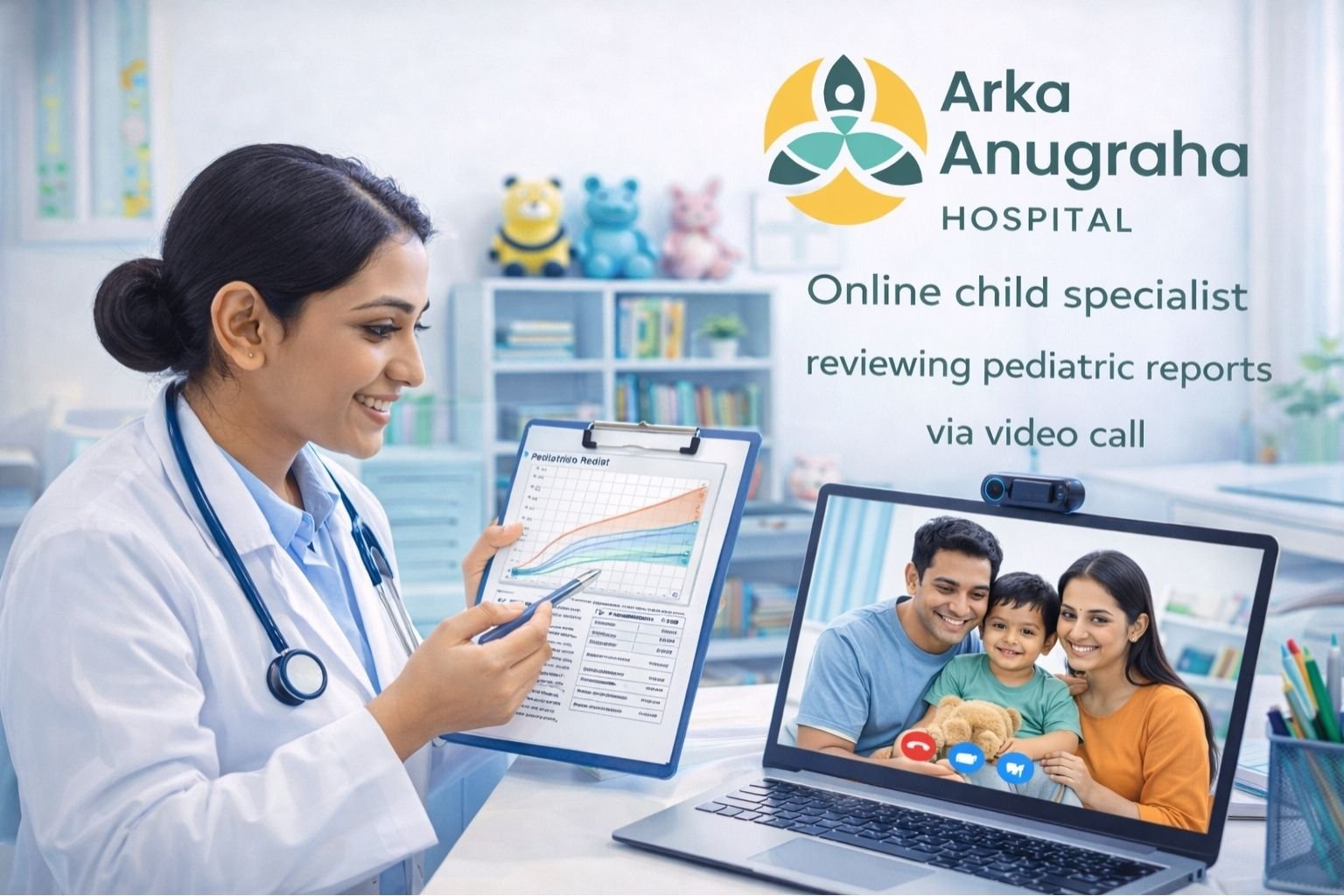 Online child specialist reviewing pediatric reports via video call