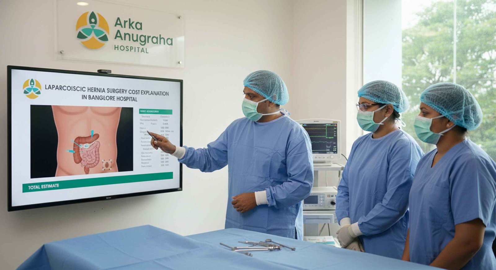 Operation theatre explaining laparoscopic hernia surgery cost in Bangalore hospital