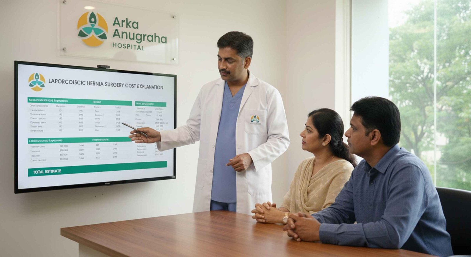 Patient consultation discussing laparoscopic hernia surgery cost