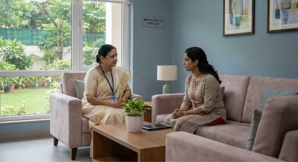 Psychiatrist consulting a patient in a calm, private hospital setting, mental health care environment