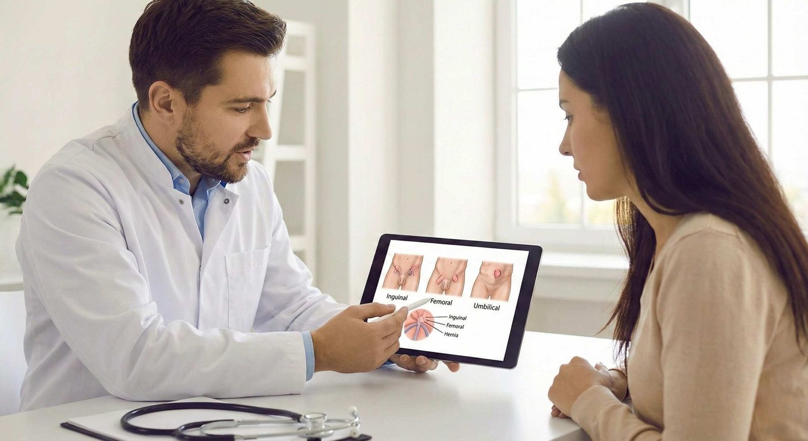 Doctor explaining hernia types on a tablet to a patient