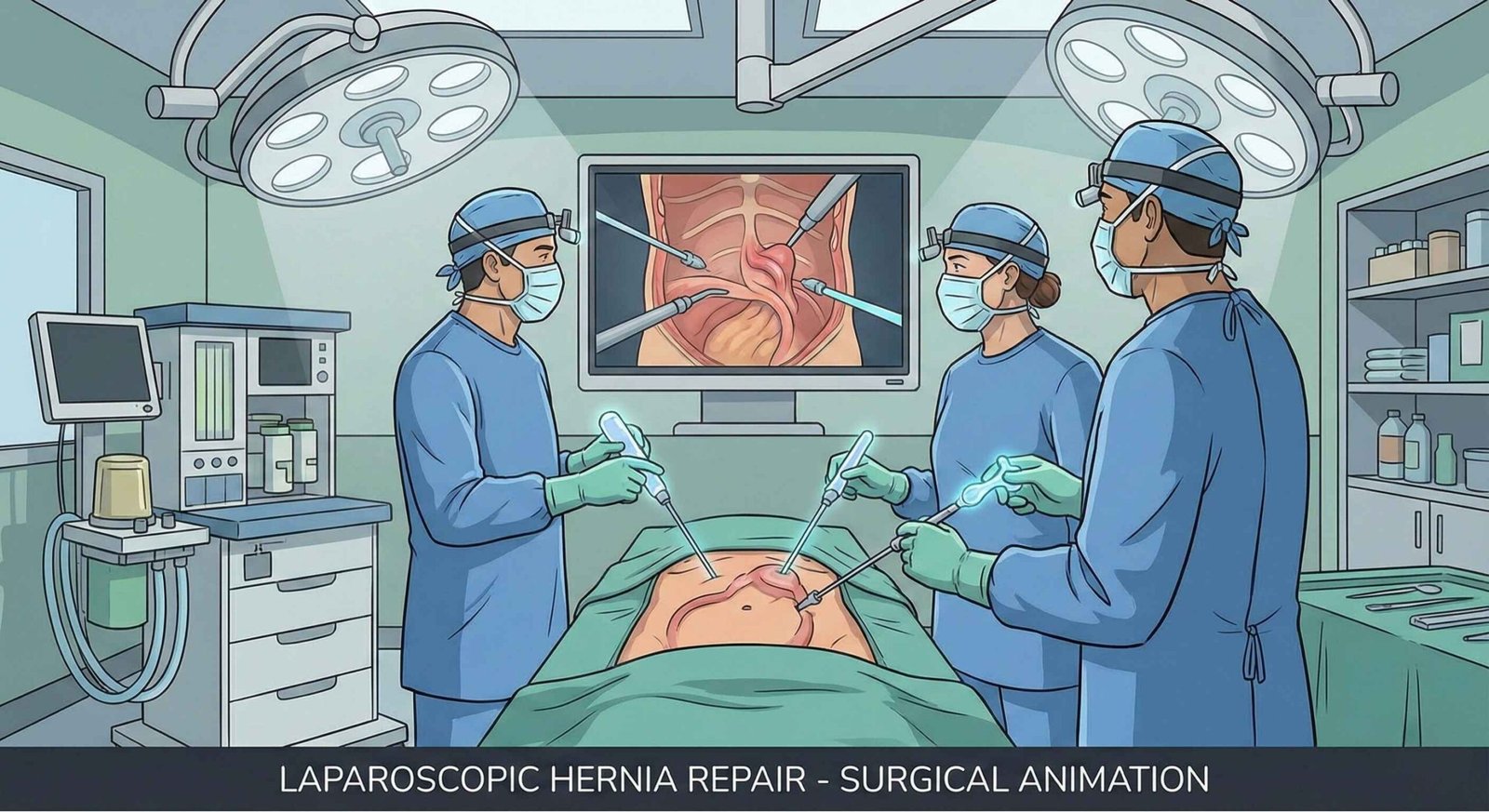 Surgical team performing laparoscopic hernia repair in a modern operating room
