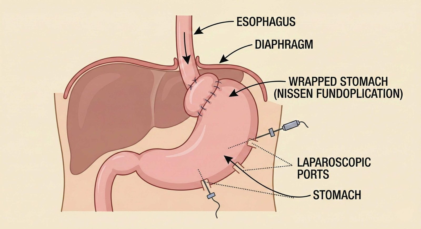 Diagram of laparoscopic Nissen fundoplication showing stomach wrapping