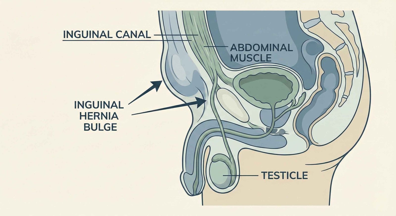 Medical illustration showing the location of an inguinal hernia bulge in the groin area