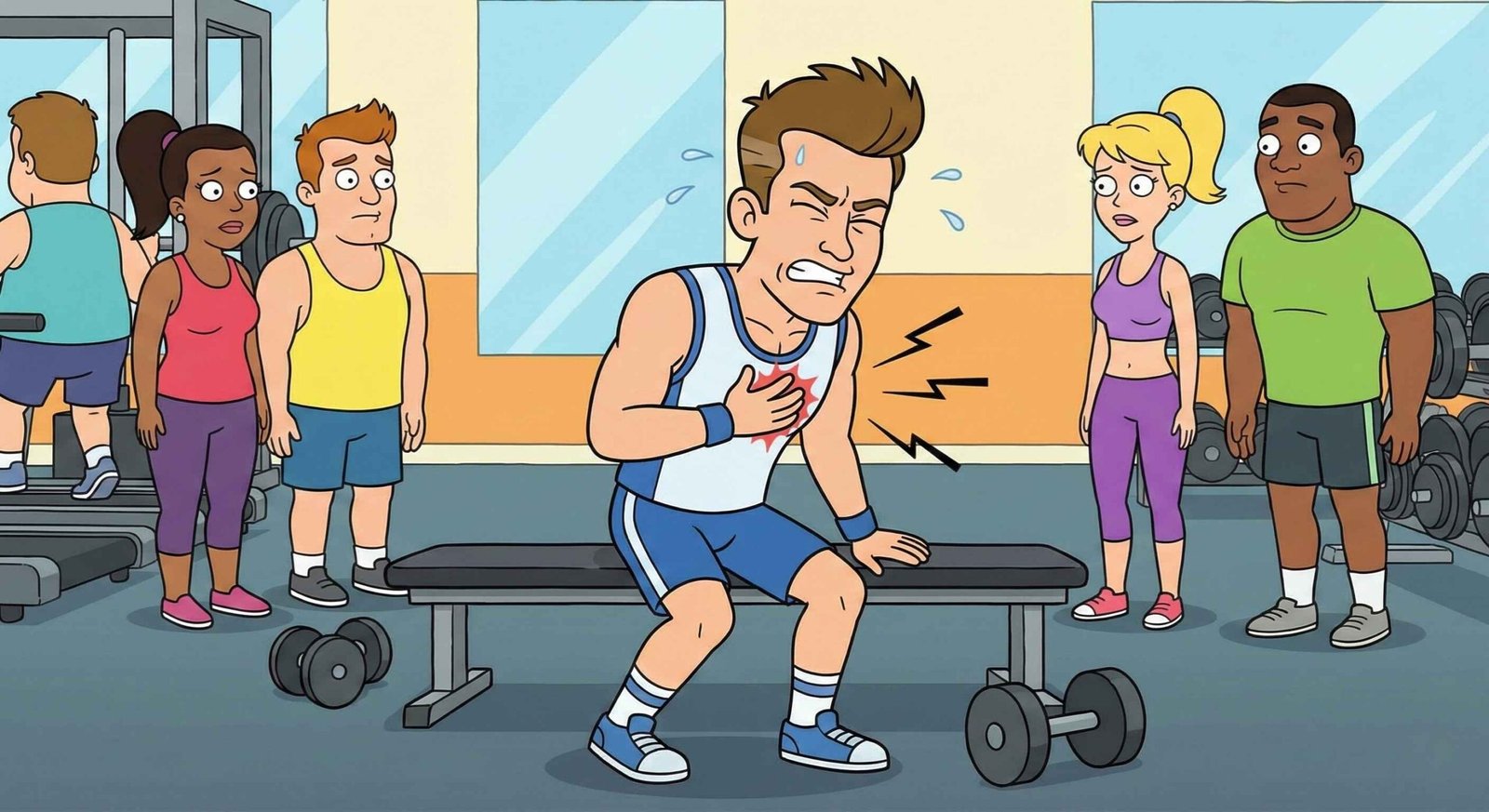 Man experiencing chest discomfort or muscle strain at the gym