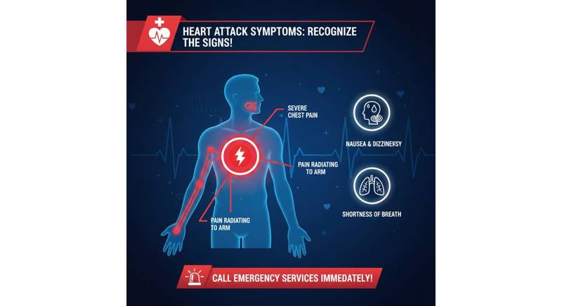 Infographic illustrating heart attack symptoms including chest pain radiating to arm and jaw