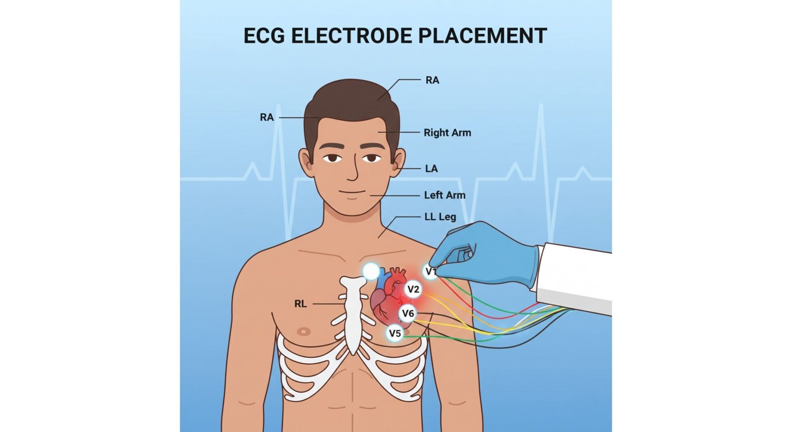 Diagram showing electrode placement on chest for cardiac monitoring during assessment