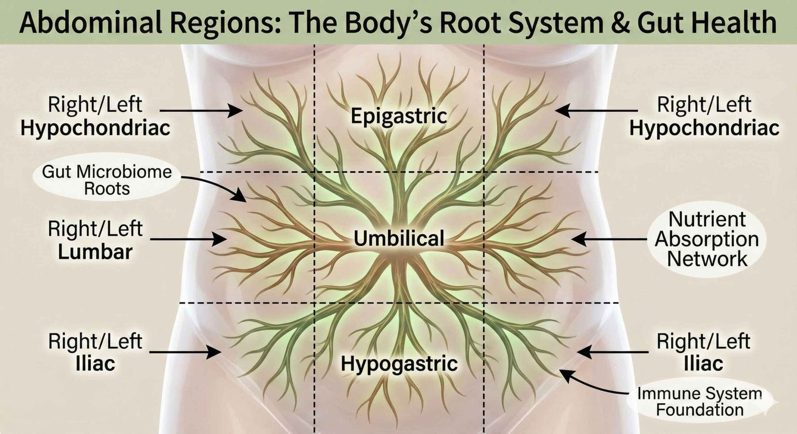 Diagram showing the abdominal regions representing the root systems of the body like gut health