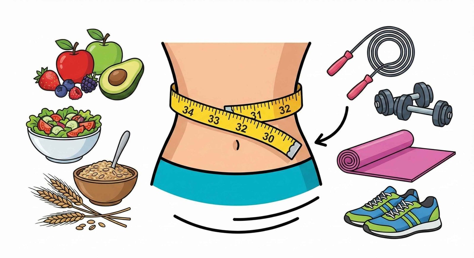 Illustration showing waist measurement reduction with healthy food items and exercise equipment