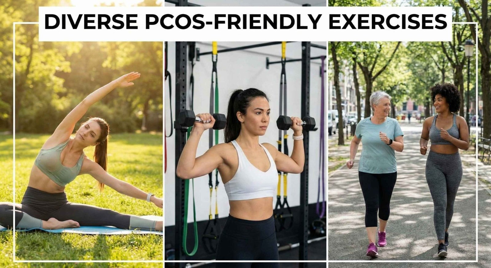 Split screen image showing diverse PCOS friendly exercises yoga outdoors strength training brisk walking