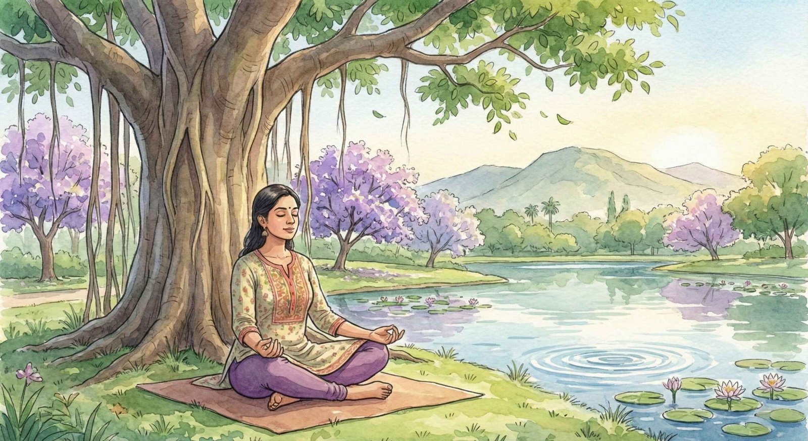 Peaceful scene of an Indian woman meditating or doing yoga in a serene Bangalore park setting