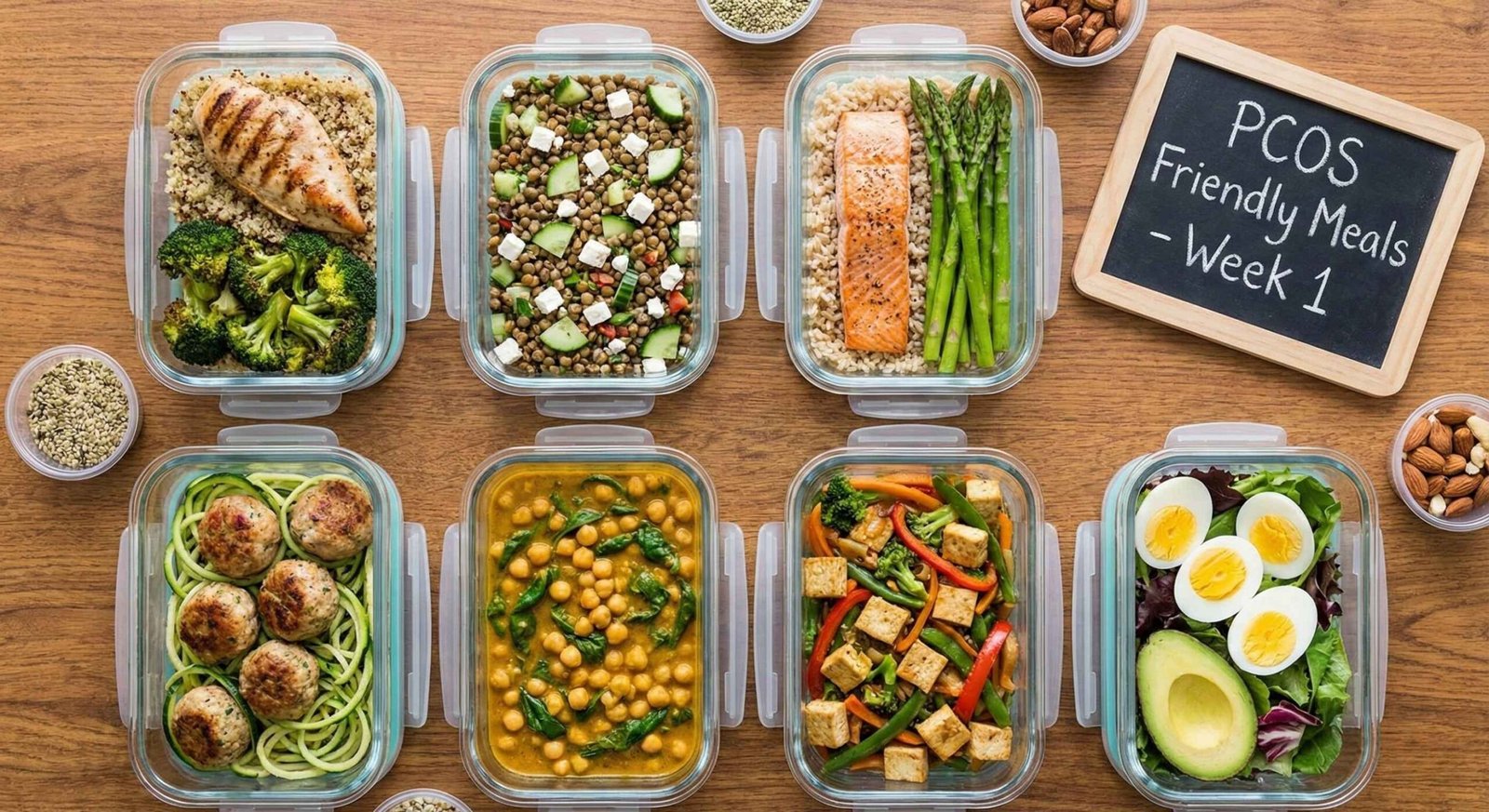 Weekly meal prep layout showing 7 PCOS friendly lunch containers with balanced portions