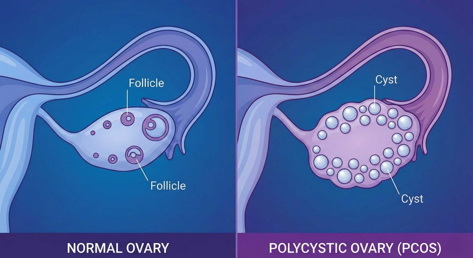 Medical illustration showing normal ovary vs polycystic ovary with multiple follicles
