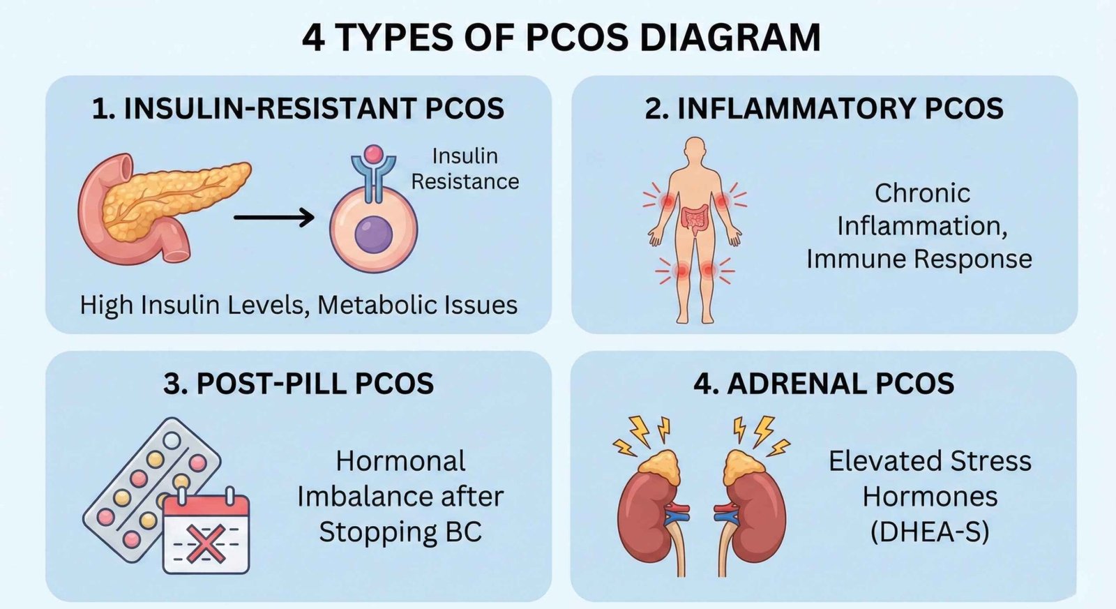 Diagram showing 4 types of PCOS: Insulin-resistant, Inflammatory, Post-pill, Adrenal
