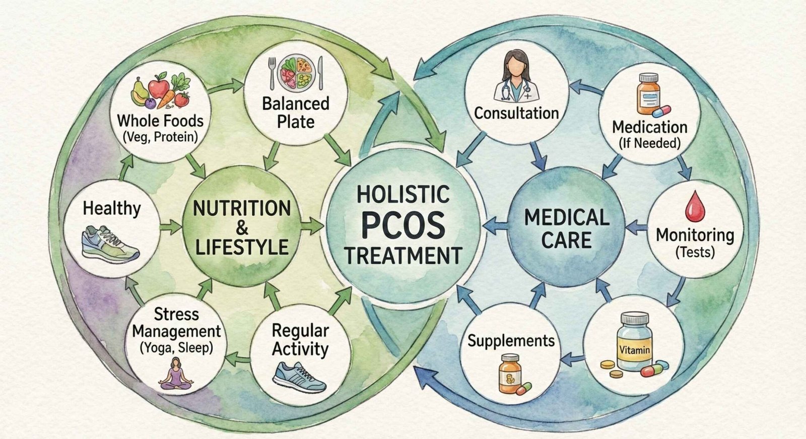 Circular diagram showing holistic PCOS treatment approach with nutrition and medical care