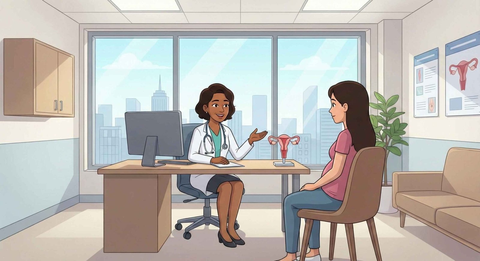 Professional female gynecologist in white coat consulting with a patient in a modern clinic