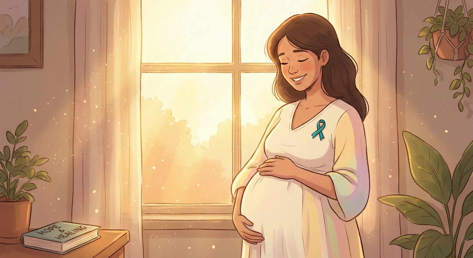 Warm hopeful image of a pregnant woman with PCOS holding her belly sunlight streaming through window
