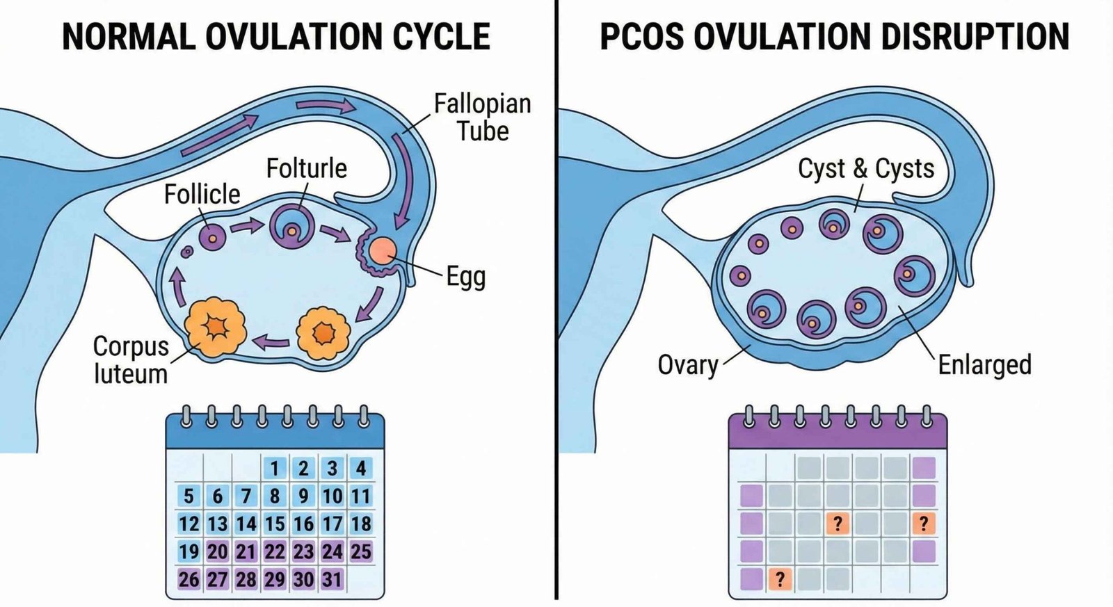 Medical diagram showing normal ovulation cycle vs PCOS ovulation disruption side-by-side comparison
