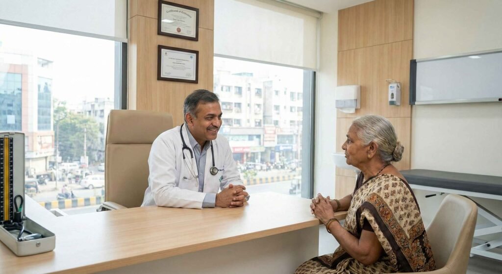 Doctor consulting a patient in a modern hospital OPD setting, stethoscope, warm and professional environment