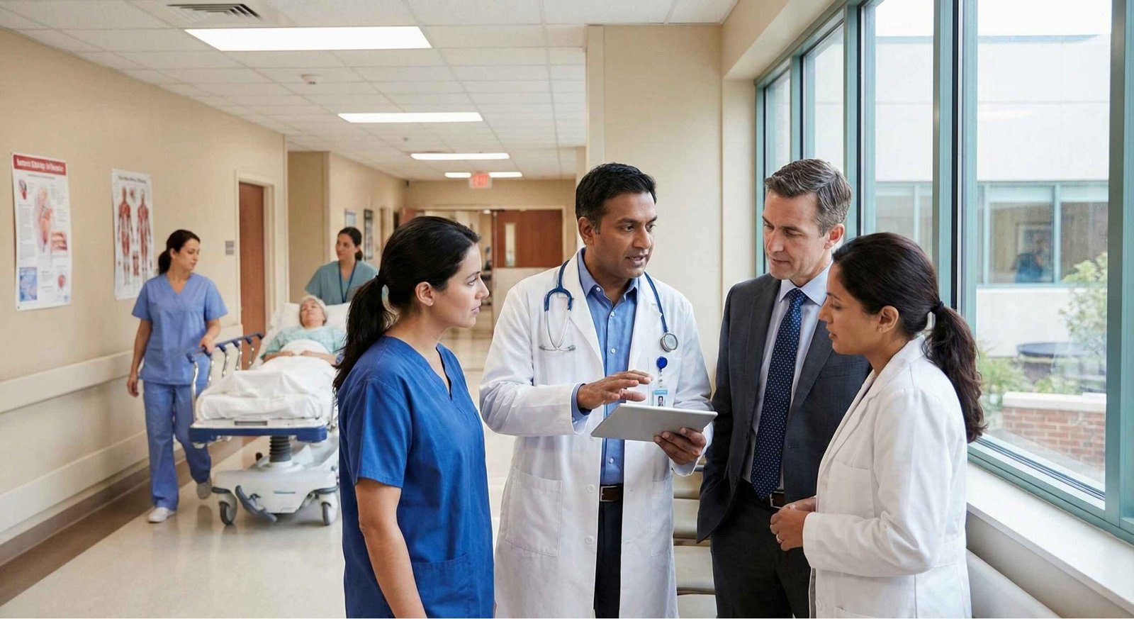 Doctor coordinating with specialists in hospital corridor