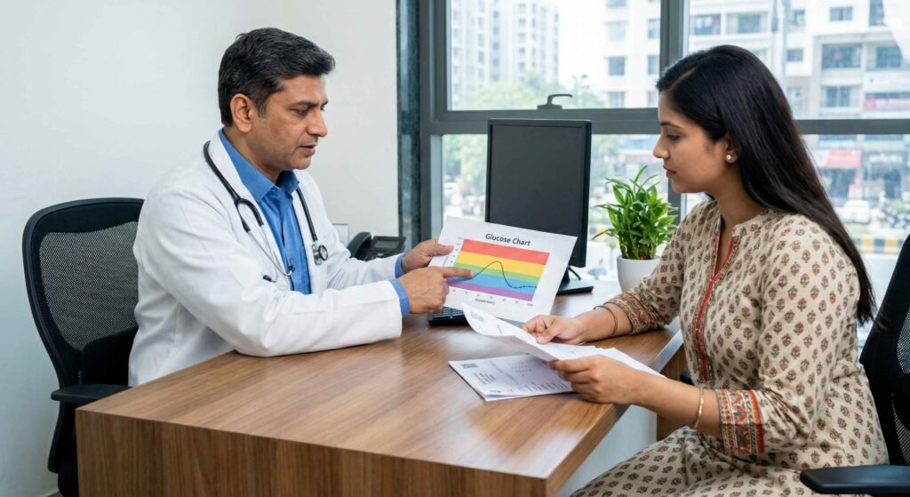 Endocrinologist consulting a patient with glucose chart and medical reports