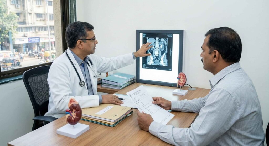 Nephrologist in Bangalore consulting a patient with kidney scan and lab reports