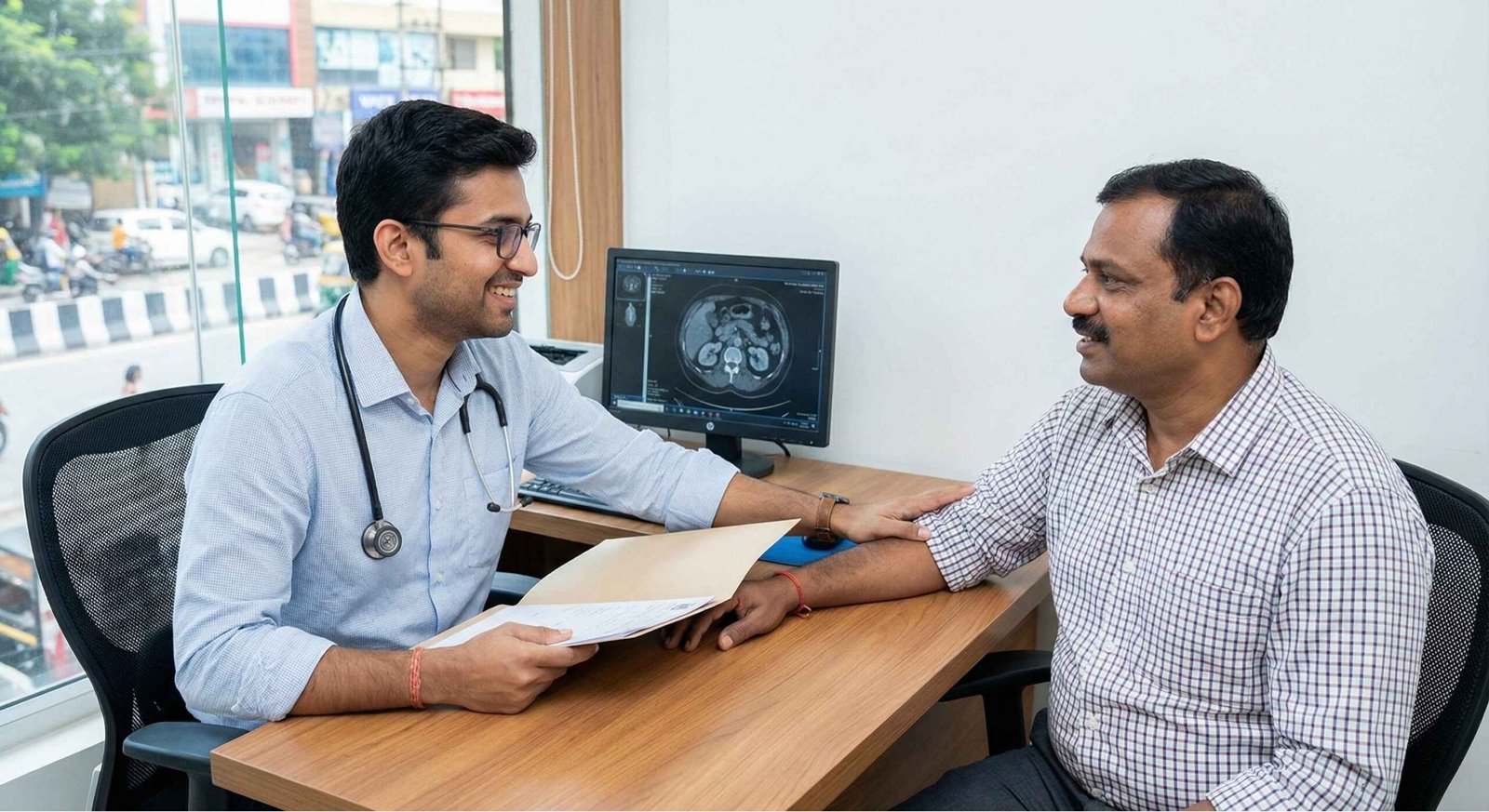 Doctor reassuring patient during nephrology consultation