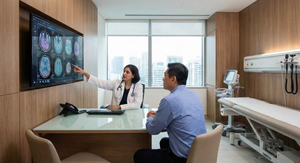 Best Neurologist in Bangalore consulting a patient with brain scan visuals in a modern hospital setting