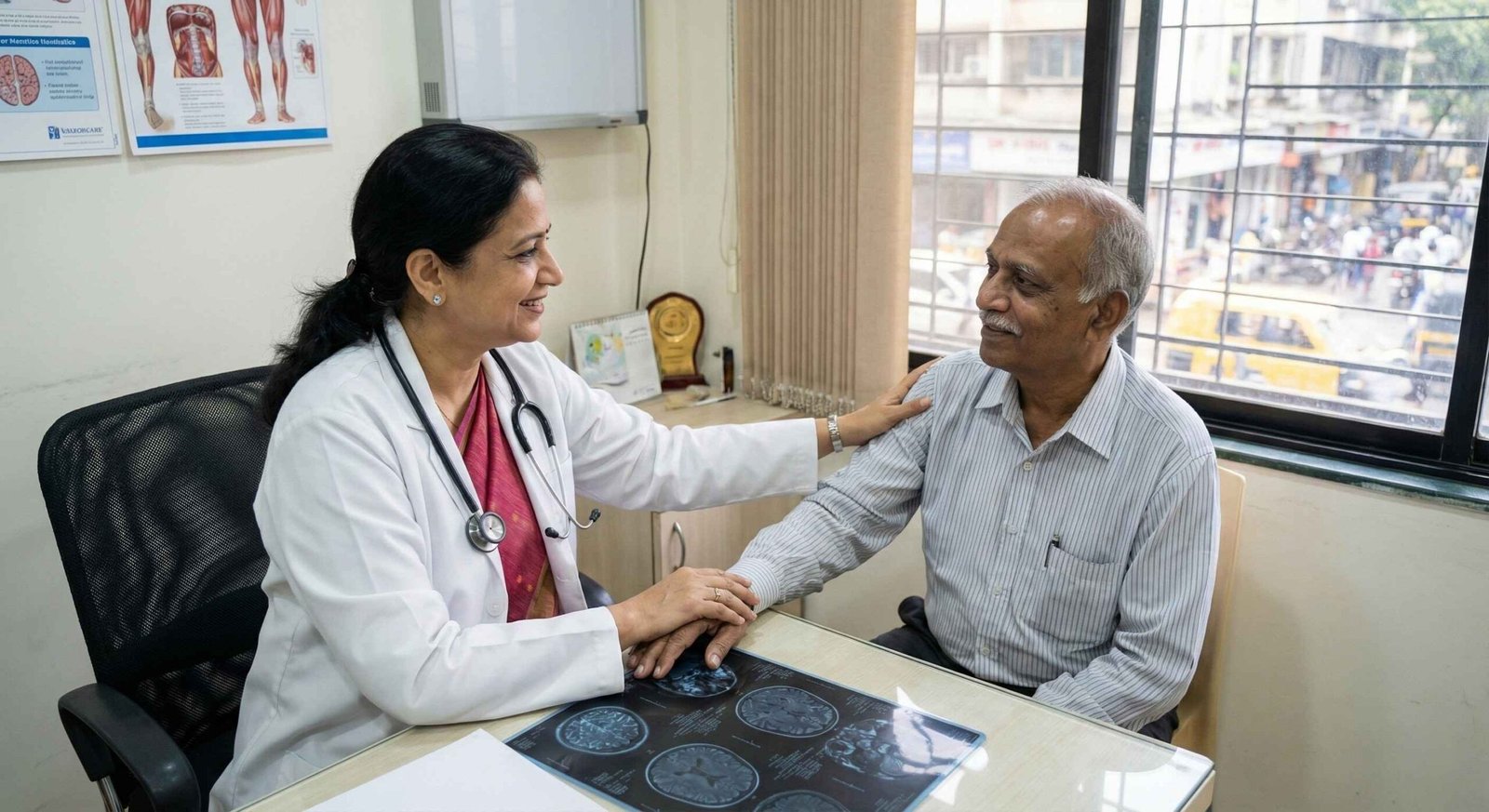 Doctor reassuring a neurology patient during consultation
