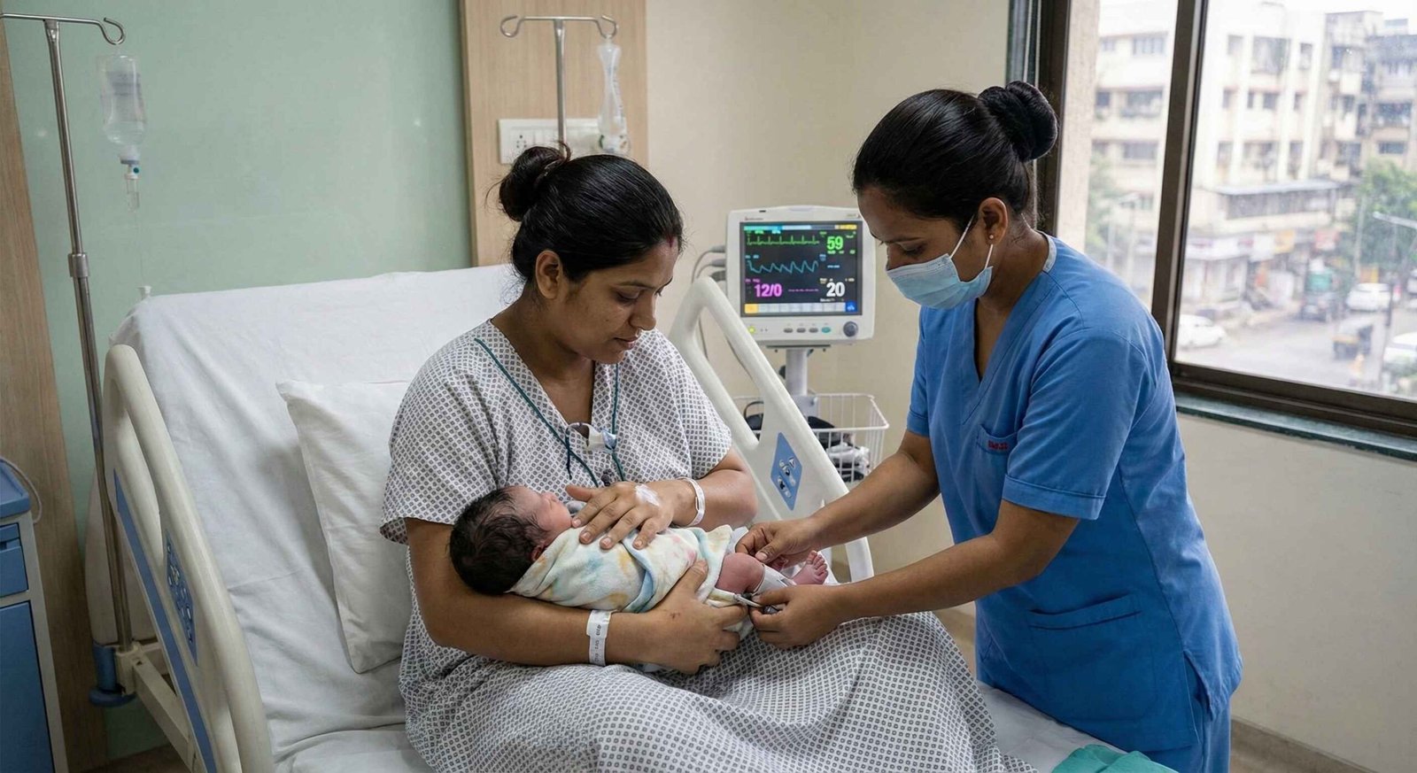 Mother holding newborn baby under medical supervision