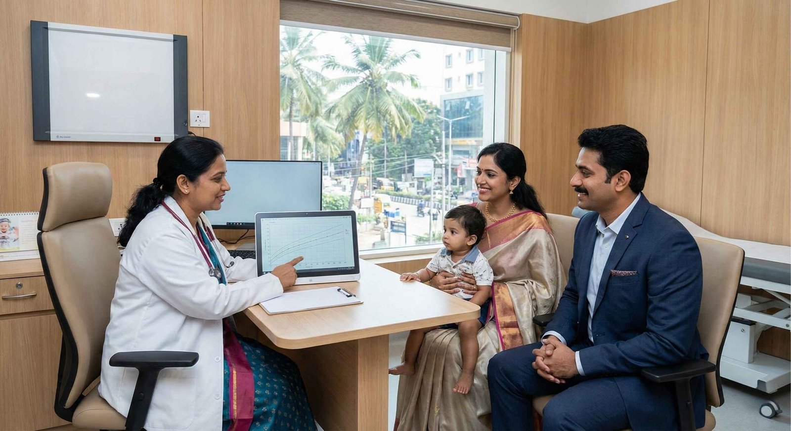Doctor explaining child’s growth chart to parents