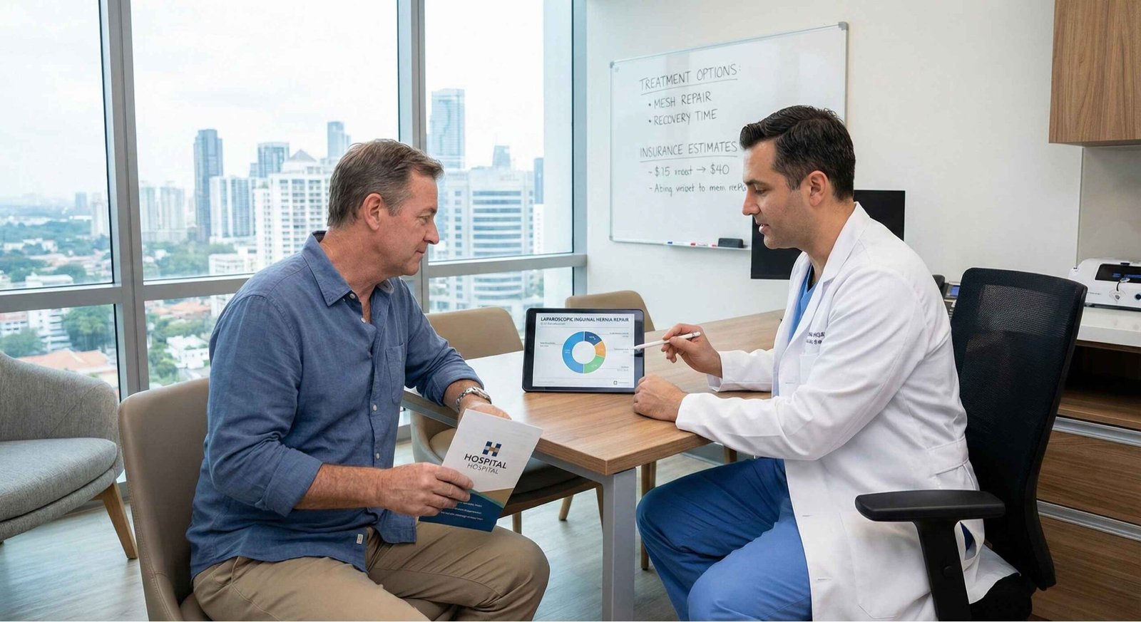 Patient consulting with doctor about inguinal hernia laparoscopic surgery cost and treatment options in modern hospital