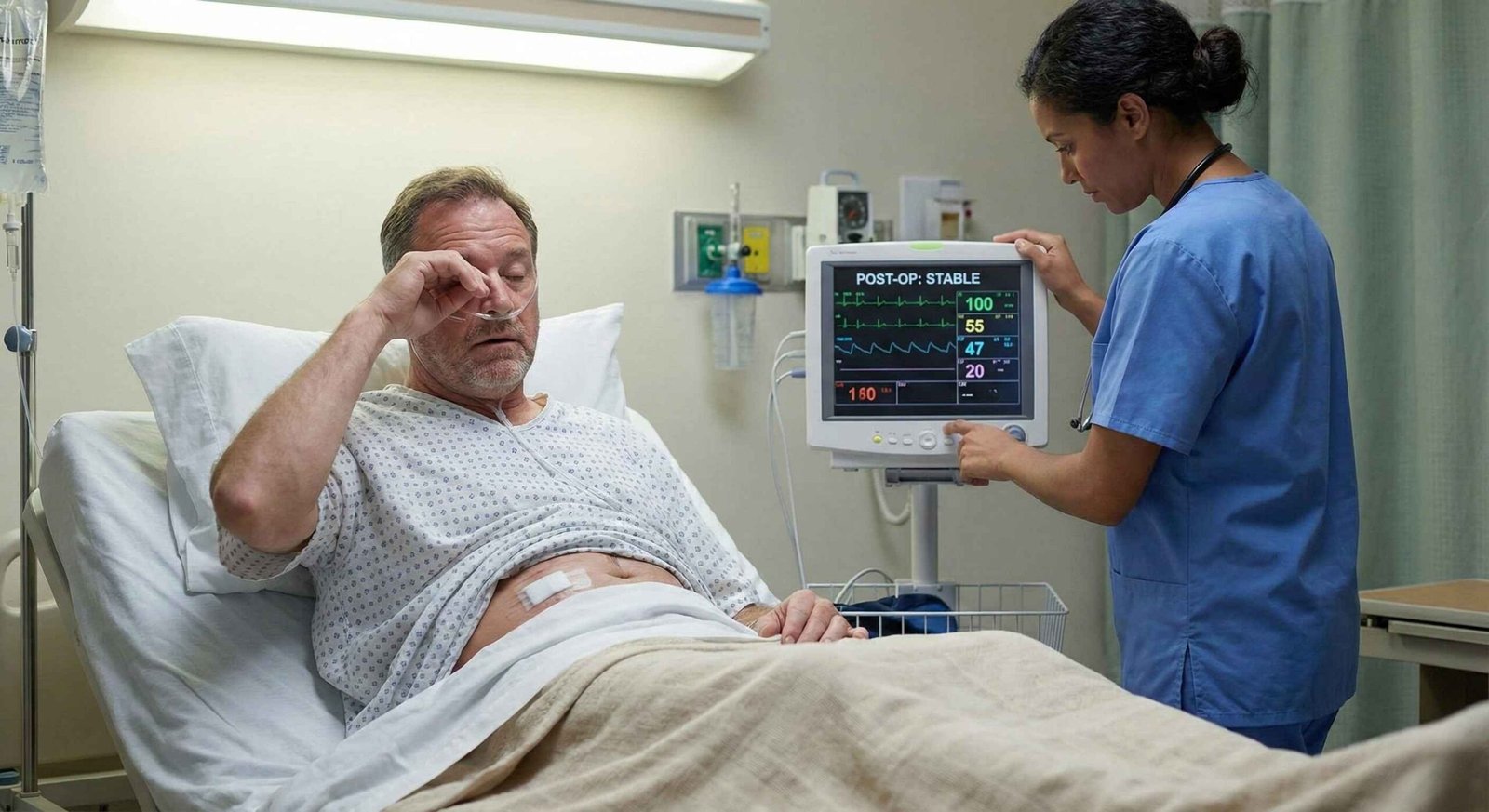 Patient in recovery room after successful laparoscopic inguinal hernia surgery waking from anesthesia