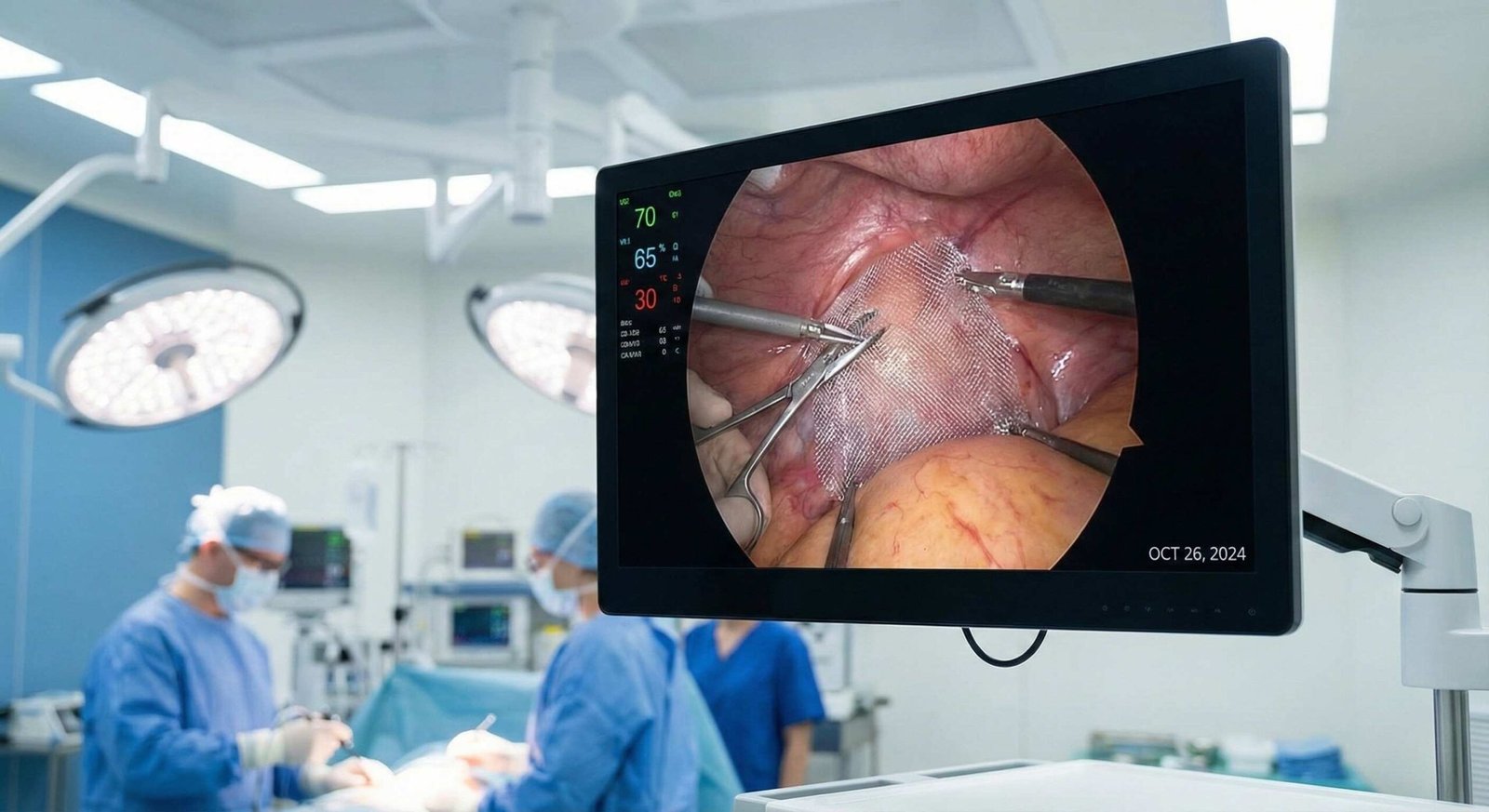 Modern operating room monitor displaying laparoscopic view of hernia repair