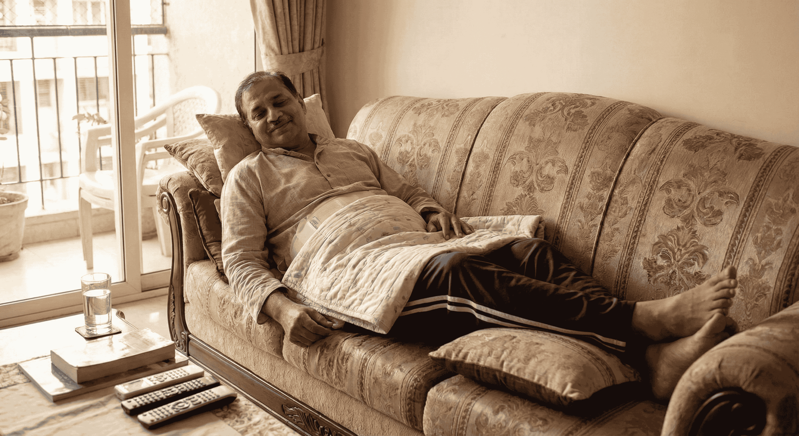 Person resting comfortably on sofa during recovery